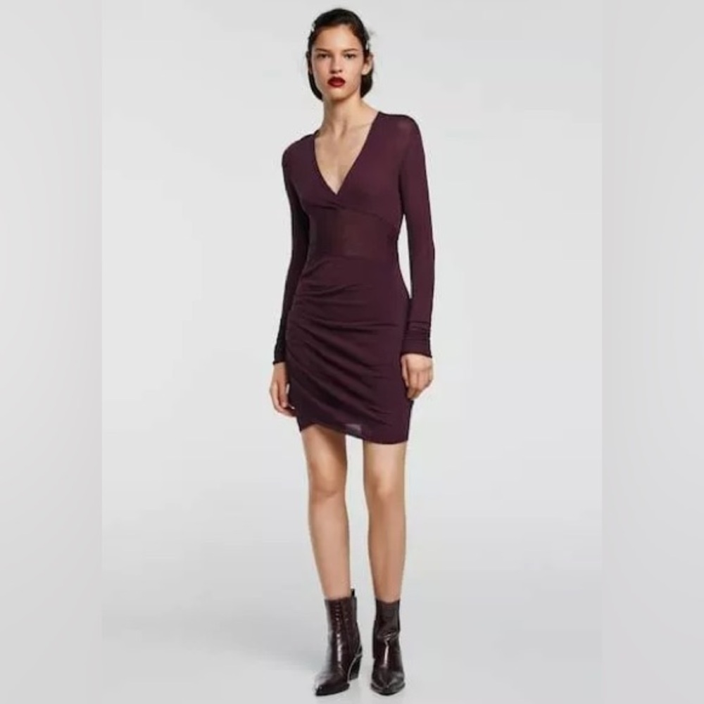 Zara Minimal Collection Knit Bodycon Long Sleeve Dress Aubergine Purple Medium